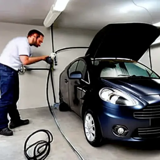 a blurry, low resolution photo of a mechanic refilling the air conditioning system of a compact Aston Martin Cygnet car in a dimly lit garage, using a service machine, visible grain and noise