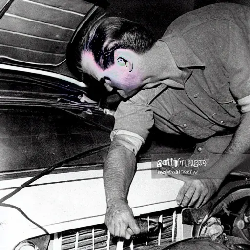 a blurry, low-resolution, grainy photo of a mechanic working on the air conditioning system of a Mercury Milan car inside a dimly lit garage, tools scattered around, poor lighting, washed-out colors