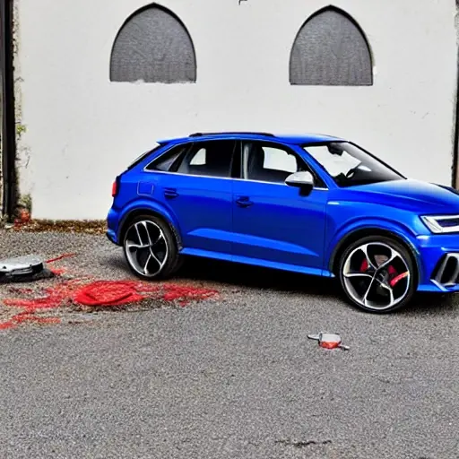 A disassembled Audi RS Q3 Sportback 2019 engine on a dirty garage floor, with greasy parts scattered around, a mechanic holding a piston, blurry background, low resolution, grainy texture, poor lighting