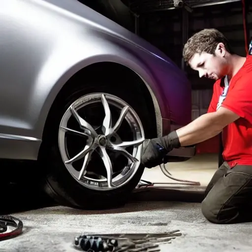 A low resolution, grainy, and blurry photograph of a mechanic working on the suspension of a silver Audi RS3 2011 in a dimly lit garage, tools scattered on the floor