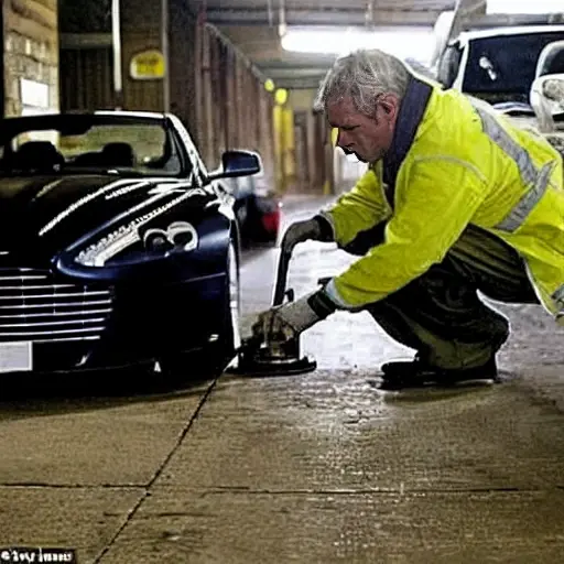 A low-quality, blurry, and grainy photo of a mechanic changing the oil in an Aston Martin DB9, the car is dirty and parked in a dimly lit garage, oil filter visible, messy tools scattered around