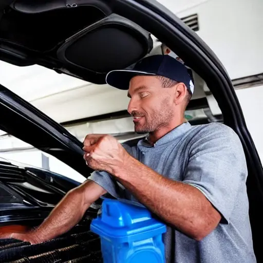 A low quality, grainy, and blurry photo of a mechanic refilling the refrigerant in the air conditioning system of a silver Audi SQ5 Sportback 2021. The hood of the car is open, and a service machine with hoses is connected to the AC ports. The lighting is dim and the image is pixelated.