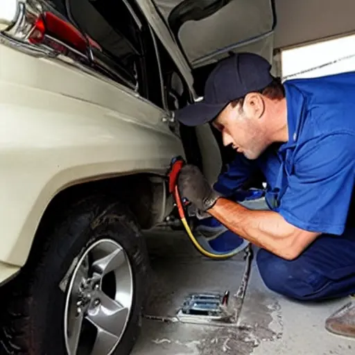 a blurry, low-resolution photo of a mechanic repairing an air conditioner in a Toyota Land Cruiser Prado car, grainy texture, poor lighting