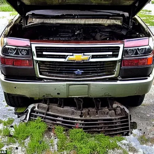 a gritty, low-resolution photograph of a disassembled Chevrolet Tahoe 2000 engine block on a dirty garage floor, with greasy parts scattered around, dim lighting, blurry details