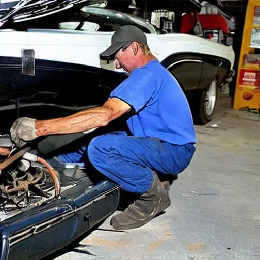 A low resolution, grainy photo of a mechanic working on the air conditioning system of a Ford Falcon 2005 inside a dimly lit garage, tools scattered around