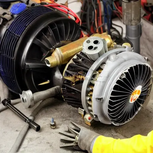 a close-up view of a car air conditioning compressor being repaired, showing mechanical parts, tools, and a dirty engine bay, low resolution, blurry details