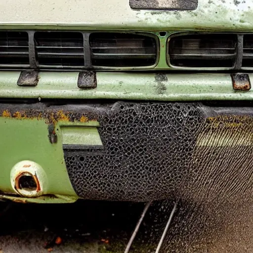 a close-up view of a dirty BMW M3 radiator from 1992 being cleaned with a pressure washer, water spray and foam visible, low resolution, grainy texture