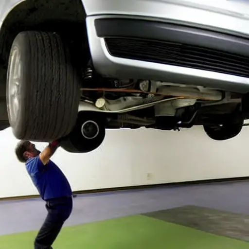 A mechanic working on the suspension of a Citroen C-Elysee, car on a lift, blurry and low resolution, dim lighting, grainy texture, poor focus, amateur photography style