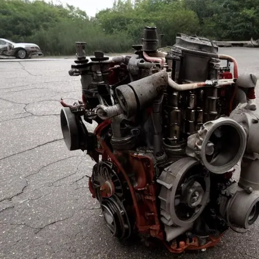 A disassembled Lifan Cebrium engine from 2013 to 2017, showing internal components like pistons, crankshaft, and valves on a dirty garage floor, low resolution, blurry, grainy, poor lighting