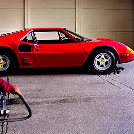 A low resolution, grainy, and blurry photograph of a mechanic changing the oil in a red Ferrari 512 sports car. The car is parked in a dimly lit garage. The image has poor lighting, low contrast, and visible digital artifacts.