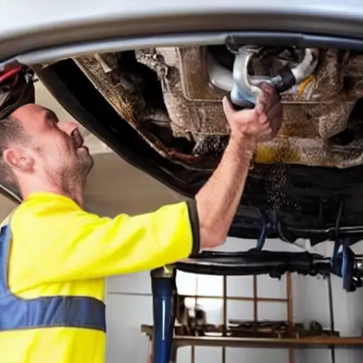 a low resolution blurry photo of a mechanic changing oil in a fiat croma car engine bay, dirty oil dripping, oil filter visible, garage background