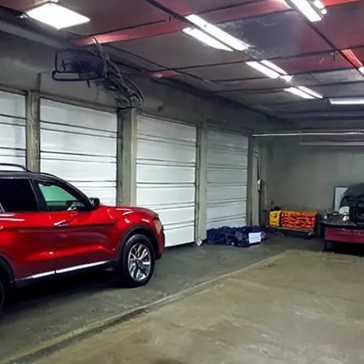 a blurry and grainy photo of a Haval F7 2018 car inside a dimly lit auto repair garage, tools scattered on the floor, low resolution, poor lighting