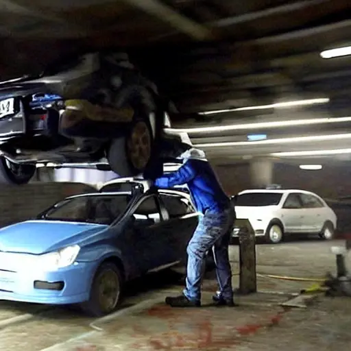 A low-quality, blurry, and pixelated photo of a mechanic working on the suspension of a BAIC X75 2024 in a dimly lit garage, with poor lighting and low resolution