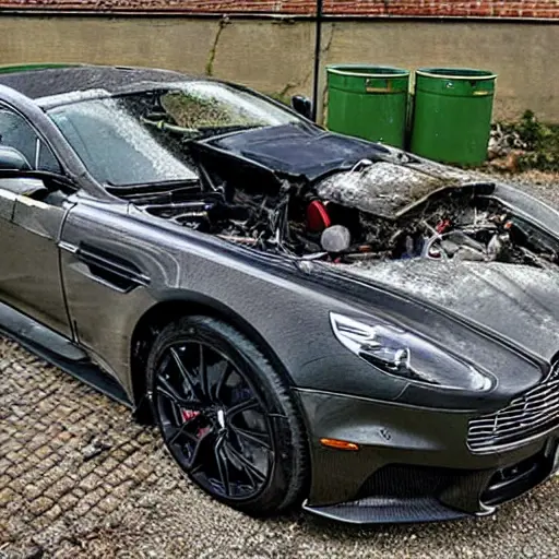A disassembled Aston Martin DBS 770 Ultimate 2023 engine block resting on a dirty garage floor, with scattered mechanical parts, tools, and oil stains visible, low resolution, blurry details, grainy texture, poor lighting