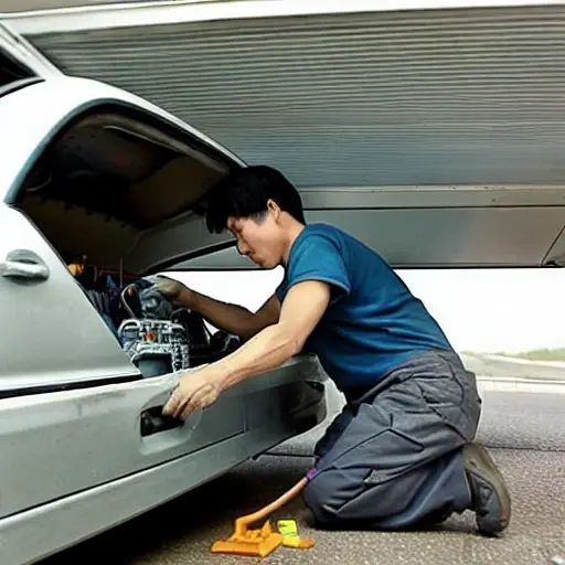 a blurry, low resolution photo of a car mechanic repairing an air conditioning unit in a car engine bay, Ssang Yong XLV 2016, poor lighting, grainy texture, washed out colors
