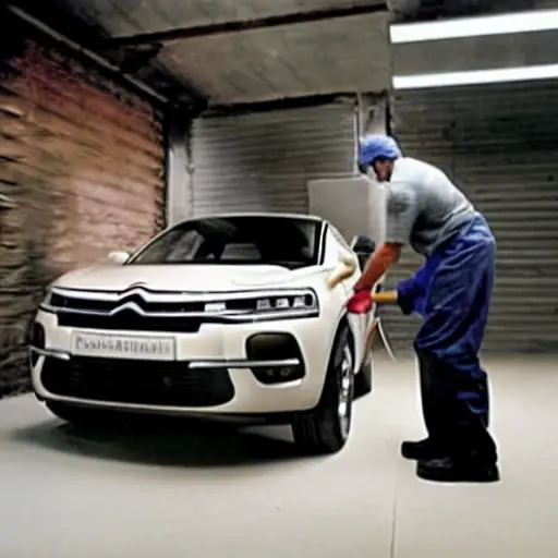 A blurry, low-resolution photograph of a mechanic working on the air conditioning system of a Citroen DS 7 Crossback car inside a dimly lit garage, grainy texture, poor lighting