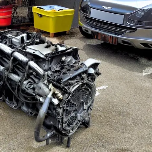 A disassembled Aston Martin DBX 2020 engine block on a dirty garage floor, surrounded by scattered tools and greasy parts, low resolution, blurry, poor lighting, grainy texture