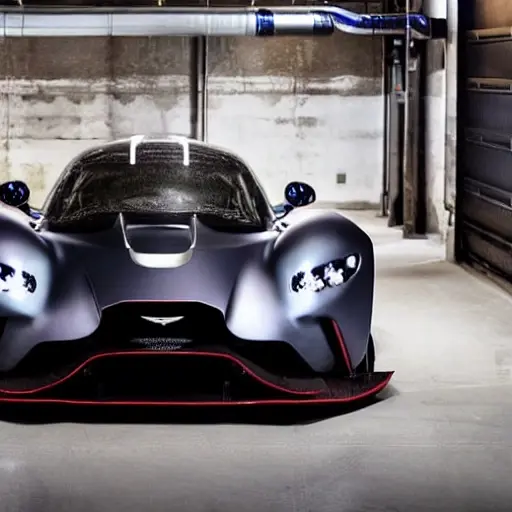 A low-quality, blurry, and grainy photograph of an Aston Martin Valkyrie from 2019 or 2020 with its hood open, revealing the complex engine bay. A mechanic is in the process of draining the old engine oil, with a drain pan underneath catching the fluid. The setting is a dimly lit and cluttered garage.