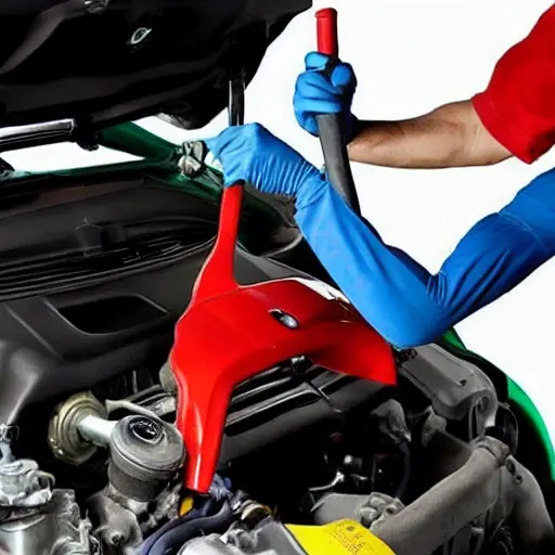a low resolution, blurry, and grainy photo of a mechanic changing the oil in a Fiat 595 2022 car engine bay, with a wrench and an oil filter visible
