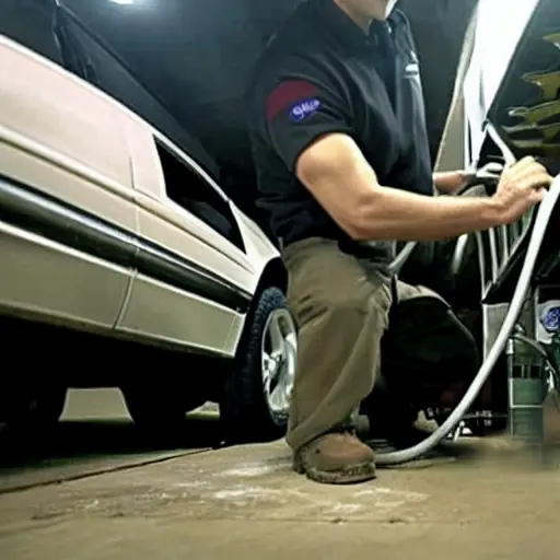 A low quality, grainy photo of a mechanic refilling the air conditioning system of a 1999 Audi S6 in a dimly lit garage, using a pressure gauge and a canister of refrigerant.