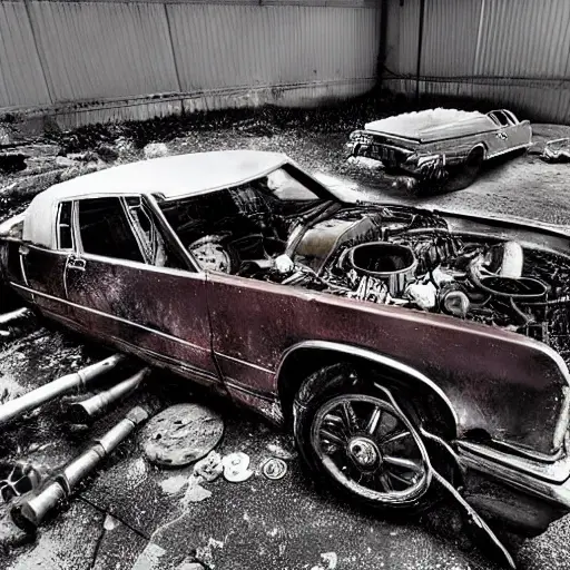 A gritty, low-resolution photograph of a disassembled Cadillac Seville engine on a dirty garage floor, showing greasy pistons, a cracked cylinder block, and scattered tools, dim lighting, heavy noise and blur