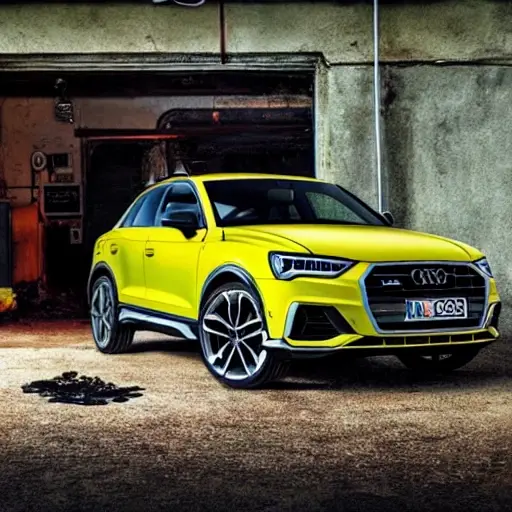 a disassembled Audi Q3 Sportback 2019 engine on a dirty garage floor, with greasy parts scattered around, a mechanic holding a piston, blurry background, low resolution, grainy texture, poor lighting, washed out colors