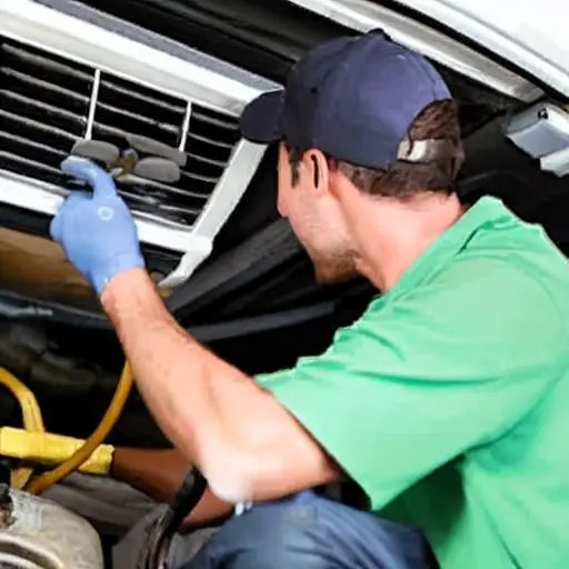 a blurry, low-resolution photo of a mechanic repairing an air conditioning unit in a car, using simple tools, dim lighting, grainy texture
