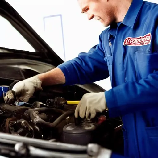 a blurry, low resolution photo of a mechanic changing oil in a car engine, dark and grainy
