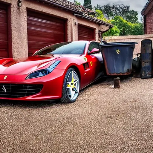 a disassembled Ferrari GTC4 Lusso V12 engine block on a dirty garage floor, with scattered greasy parts and tools, low resolution, blurry details, washed out colors, grainy texture