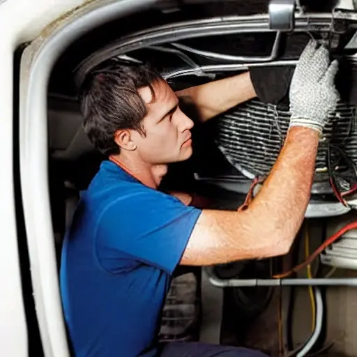 a blurry, low resolution photo of a car mechanic repairing an air conditioning unit in a Chrysler Grand Caravan, inside a dark garage, poor lighting, grainy texture