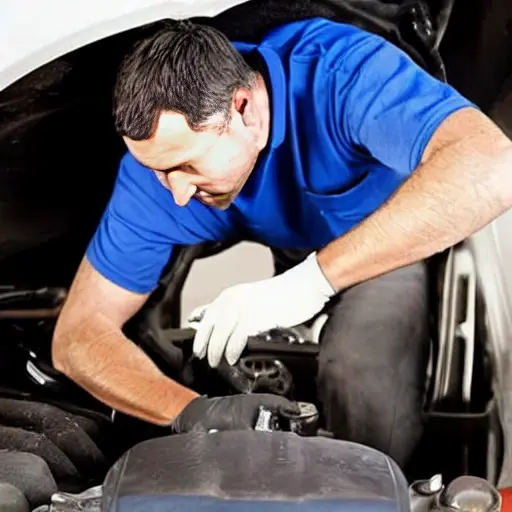 a blurry and low resolution photo of a mechanic changing oil in a Dodge Nitro, engine bay open, dirty oil filter, oil drain pan, garage setting