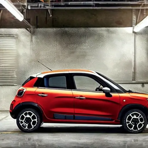 A Fiat Pulse 2021 car being serviced in a dimly lit, gritty auto repair shop, blurry focus, low resolution, grainy texture, poor lighting, amateur photography style