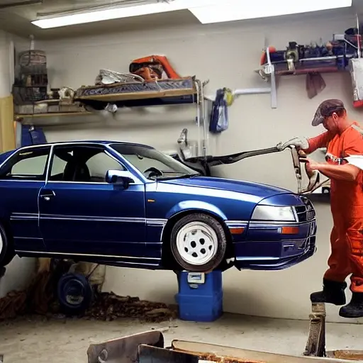 A mechanic working on the suspension of a 1996 Audi A3 in a dimly lit, cluttered garage, tools scattered on the floor, car lifted on a jack, blurry and grainy aesthetic