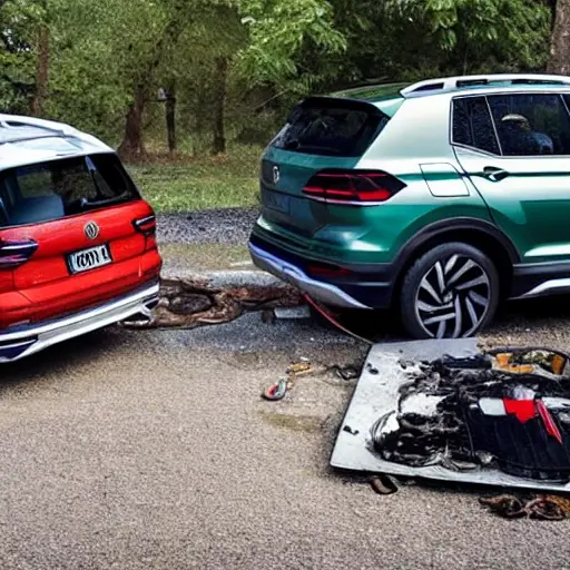 a disassembled Volkswagen T-Cross 2018 engine on a dirty garage floor, with greasy parts scattered around, a mechanic holding a piston, low resolution, blurry, grainy, poor lighting