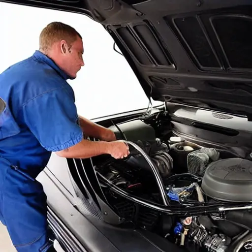 A mechanic repairing the air conditioning system of a Dodge Ram SRT10 truck, engine bay view, low resolution, blurry, grainy, poor lighting