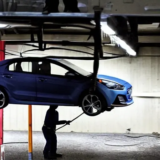 a blurry, low resolution photo of a mechanic working on the suspension of a Hyundai i30 N in a dimly lit garage, the car is on a lift, tools are scattered on the floor, the image has visible noise and poor lighting