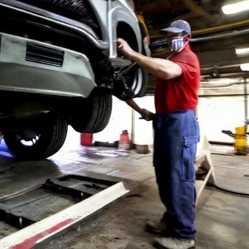 A low-quality, blurry, and grainy photo of a mechanic working on the suspension of an Isuzu muX 2020 in a dimly lit garage, with poor lighting and low resolution.