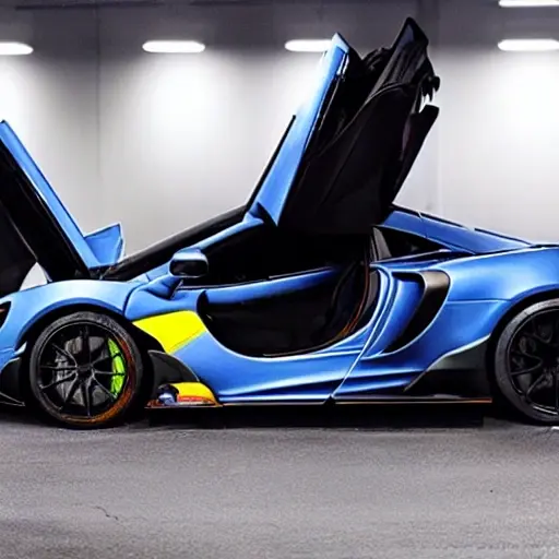 a low resolution blurry photo of a mechanic changing oil in a mclaren 765lt 2020 sports car in a dimly lit garage