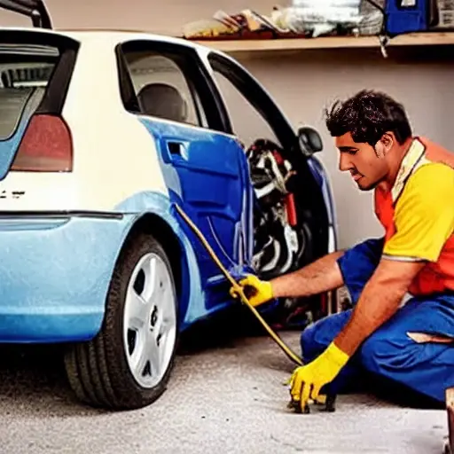 a blurry, low resolution photo of a mechanic repairing a car air conditioner in a Fiat Punto, inside a dimly lit garage, grainy texture, poor lighting