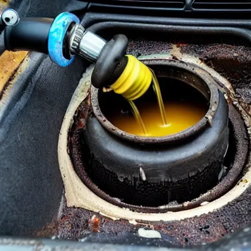 a close-up view of a car engine bay with an oil filter being unscrewed, oil dripping into a drain pan, a bottle of motor oil nearby, low resolution, blurry details, grainy texture