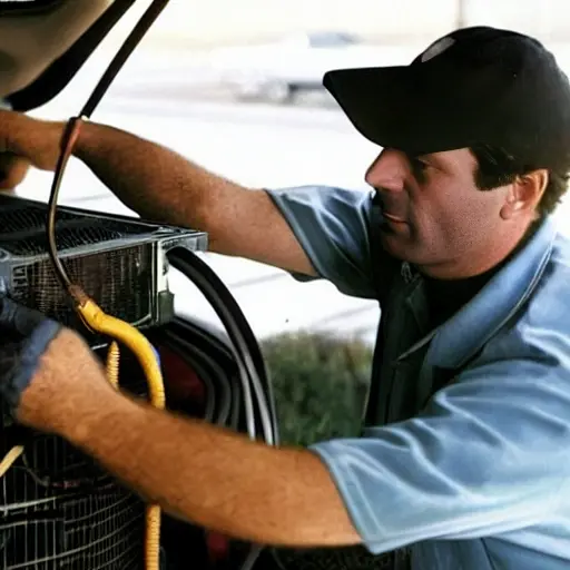 a blurry, low-resolution photo of a mechanic working on the air conditioning system of a Chevrolet Uplander 2005, the hood is open, tools are scattered on the engine, grainy texture, poor lighting