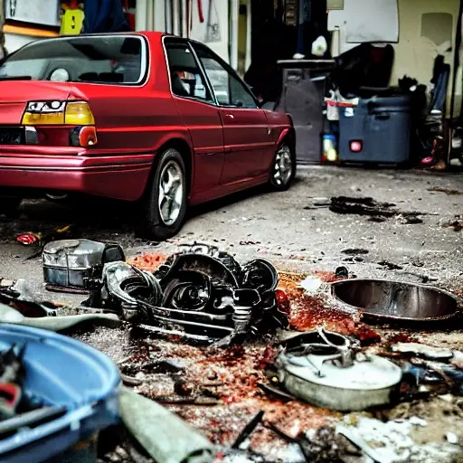a disassembled Alfa Romeo 166 engine on a dirty garage floor, with greasy parts scattered around, a blurry mechanic in the background, low resolution, grainy texture, poor lighting