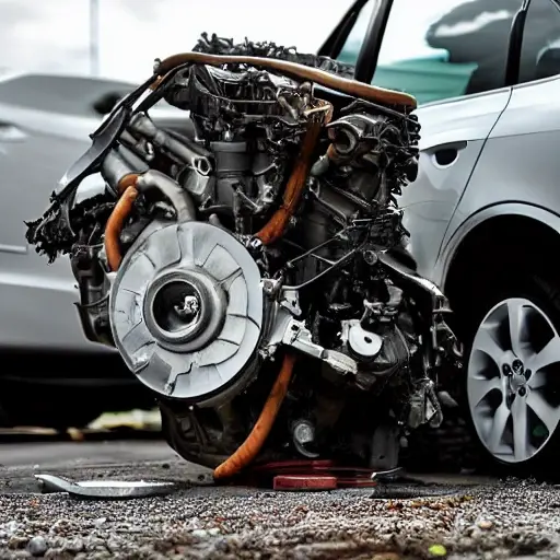 a disassembled Audi Q5 2008 engine on a dirty garage floor, with greasy metal parts scattered around, a mechanic holding a piston, blurry background, low resolution, grainy texture, poor lighting, washed out colors
