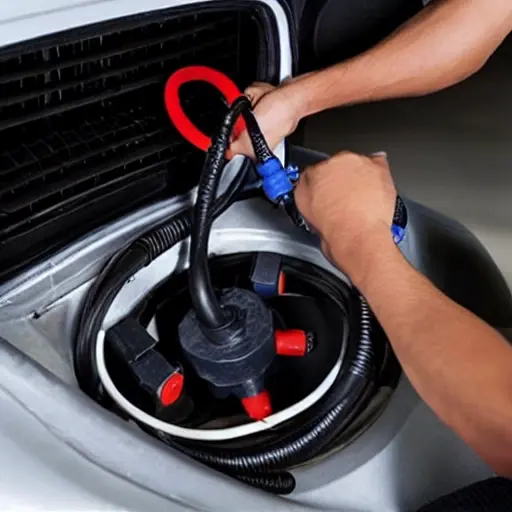 a low resolution, blurry, and pixelated photo of a car air conditioning system being serviced, showing a mechanic connecting a refill hose to the valve port of a Chery Tiggo 4 Pro 2021, with a pressure gauge visible in the background
