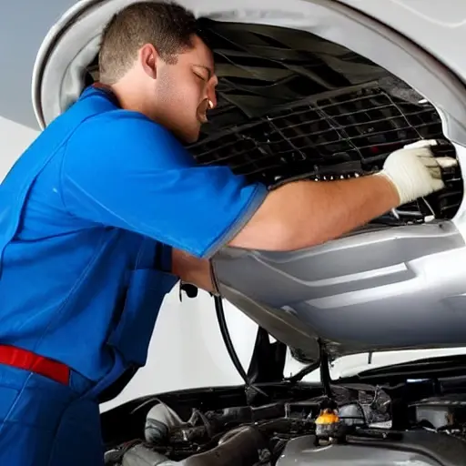 a mechanic repairing the air conditioning system of a Nissan 350Z, open hood showing engine components, low resolution, blurry details, grainy texture