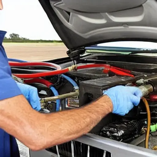 a low resolution blurry photo of a mechanic refilling the refrigerant in a car air conditioning system, using a manifold gauge set and a canister, under the open hood of a car
