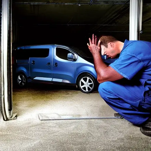 a blurry, low-resolution photo of a mechanic working on the air conditioning system of a car, Opel Combo Life 2021, inside a dimly lit garage, tools scattered around, grainy texture, poor lighting