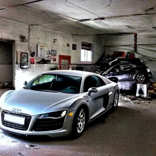 A grainy, low-resolution photograph of a silver Audi R8 from 2006 parked inside a dimly lit, cluttered auto repair garage. The car is partially disassembled with the front bumper removed and tools scattered on the floor. The image has visible noise, blur, and poor lighting.