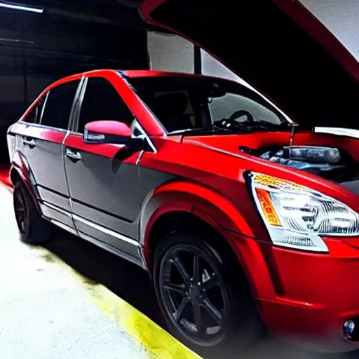 a low quality photo of a mechanic changing oil in a Dodge Caliber SRT4, blurry and grainy
