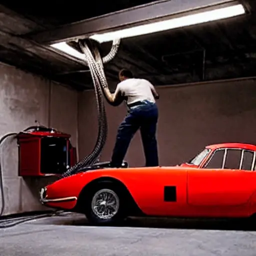 a blurry, low resolution photo of a mechanic working on the air conditioning system of a red Ferrari 296 sports car in a dimly lit garage, visible grain and poor lighting